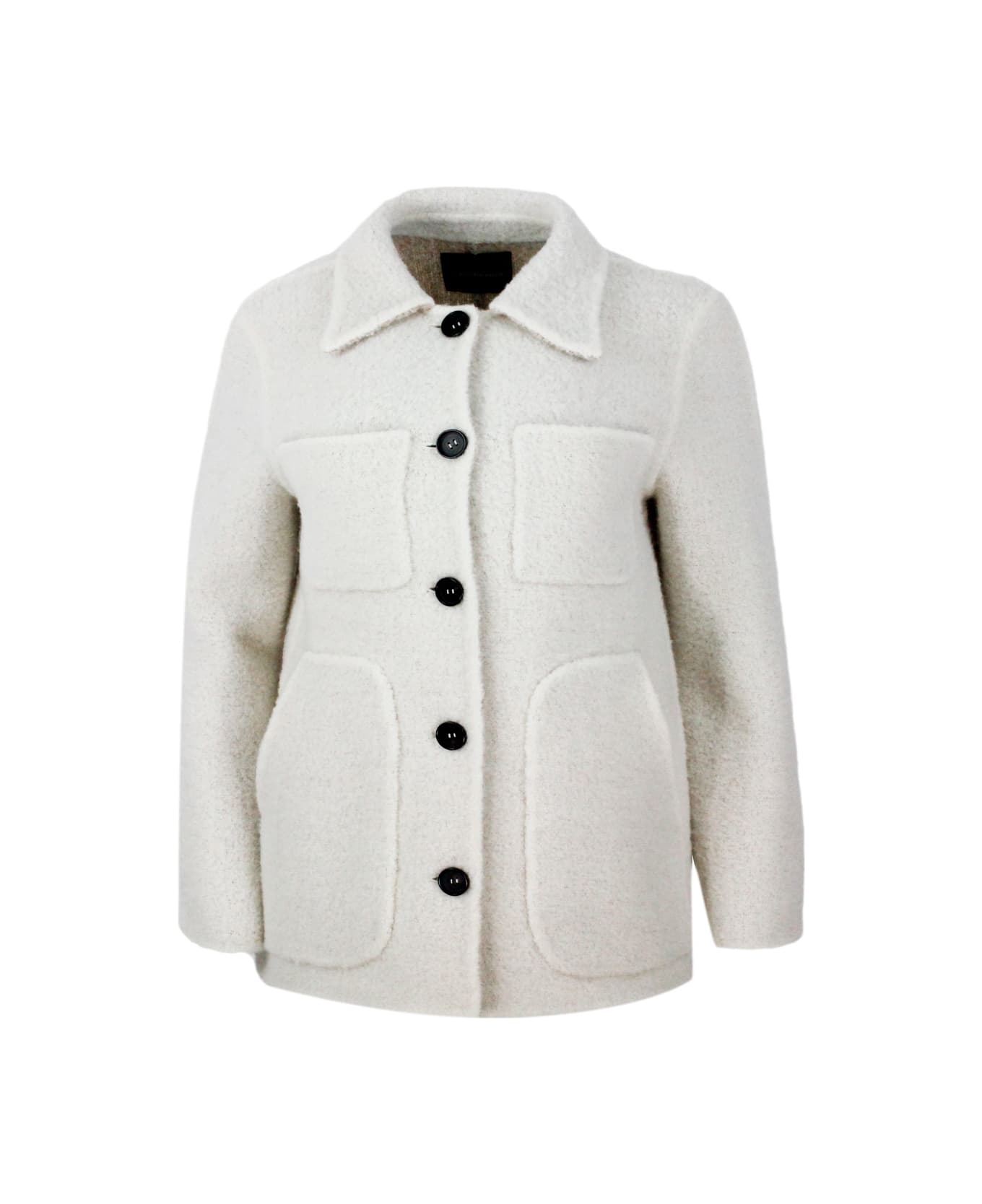Lorena Antoniazzi 3/4 Length Pea Coat In Fine And Soft Alpaca Stretch Wool That Is Very Light And Comfortable. Button Closure 3/4 Length Pea Coat In Fine And Soft Alpac - White