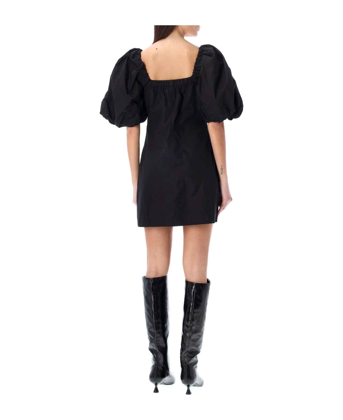 Ganni Poplin Puff Sleeves Mini Dress - BLACK