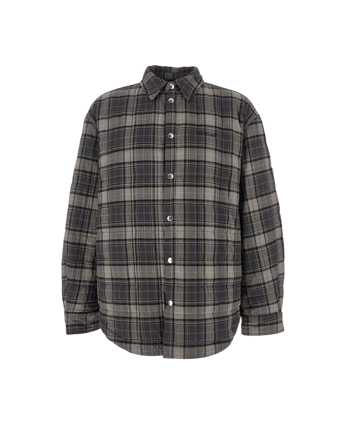 Off-White Grey Shirt With Logo Lettering On The Front And All-over Check Motif In Cotton Man - Grey