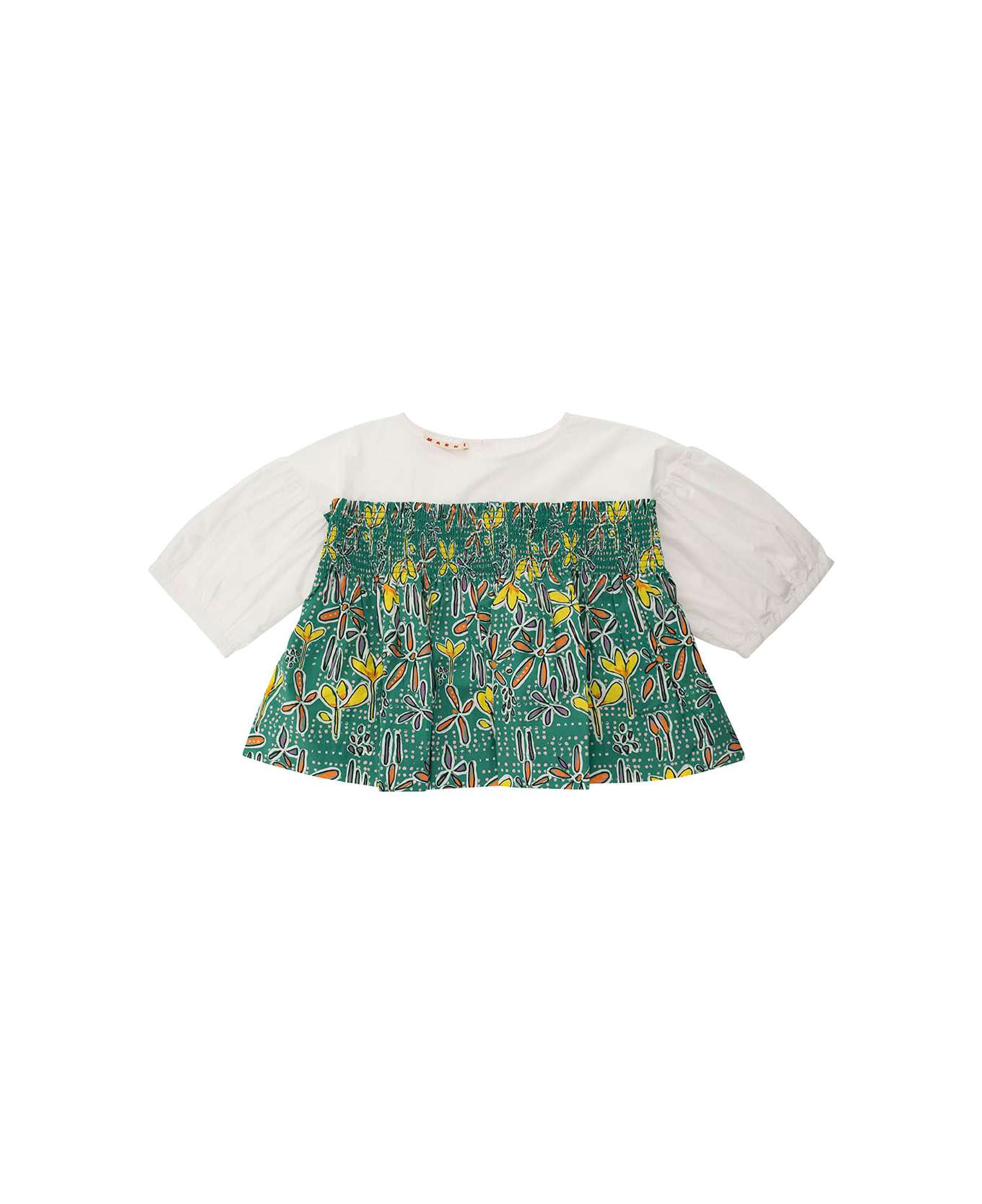 Marni Multicolor Blouse With Flower Printed Elastic Insert In Cotton Girl - Green