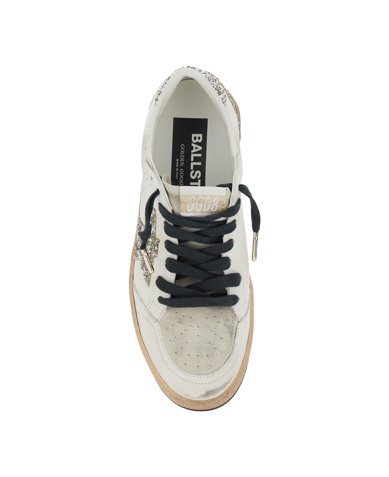 Golden Goose 'ballstar' White Low Top Sneakers With Glittered Star Patch On The Side And Glittered Heel With Logo Lettering In Leather Woman - White
