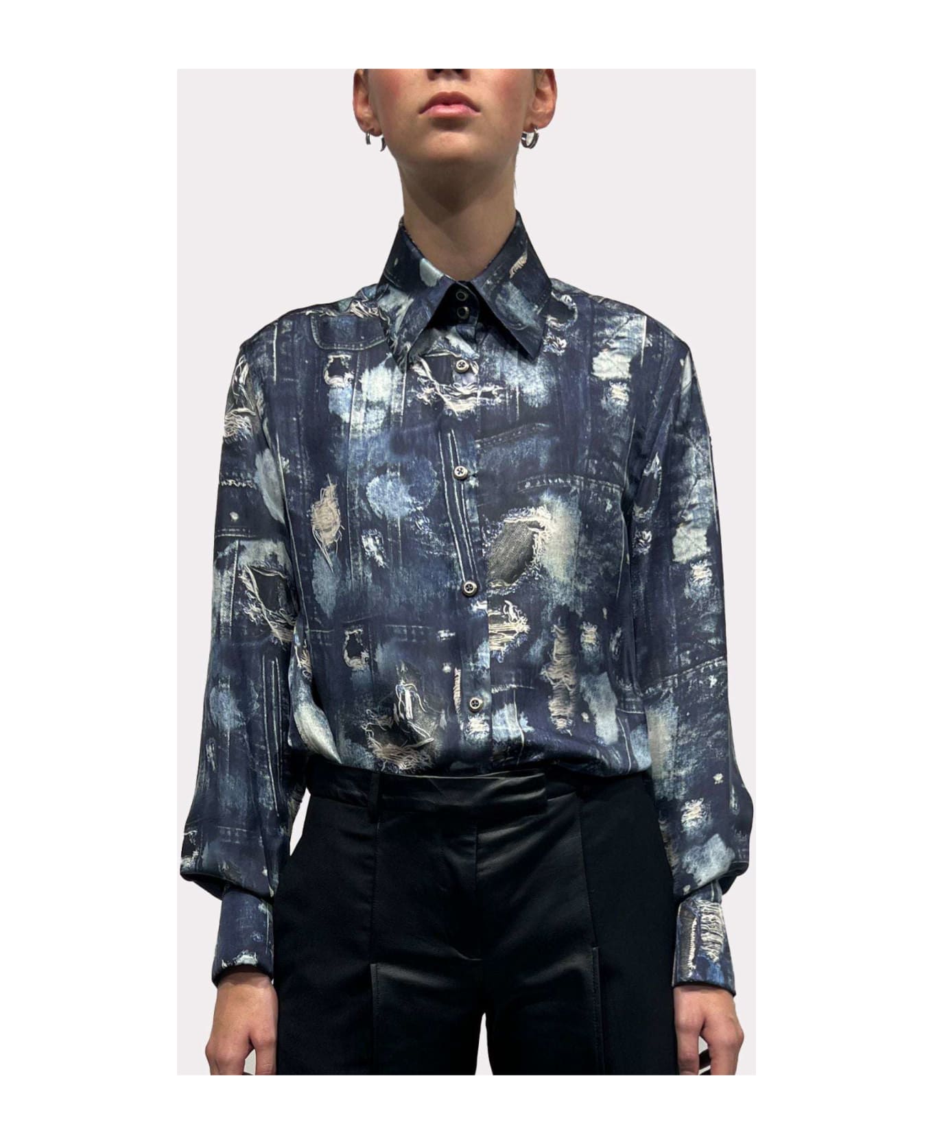 John Richmond Shirt With Iconic Runway Denim-effect Pattern And Long Puff Sleeves. - Fantasia