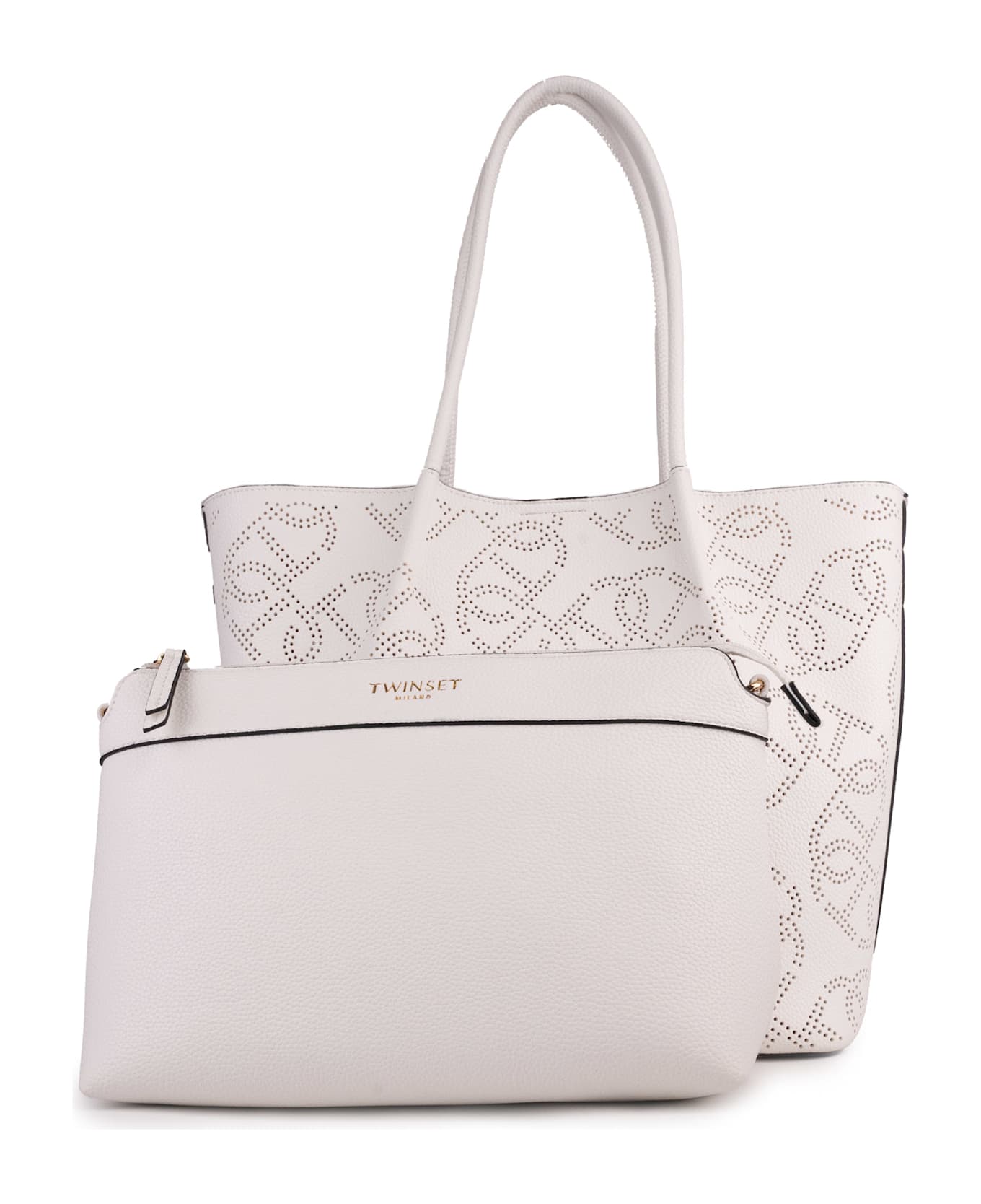 TwinSet Eco-leather Shopper Bag With Perforated Logo - BIANCO OTTICO