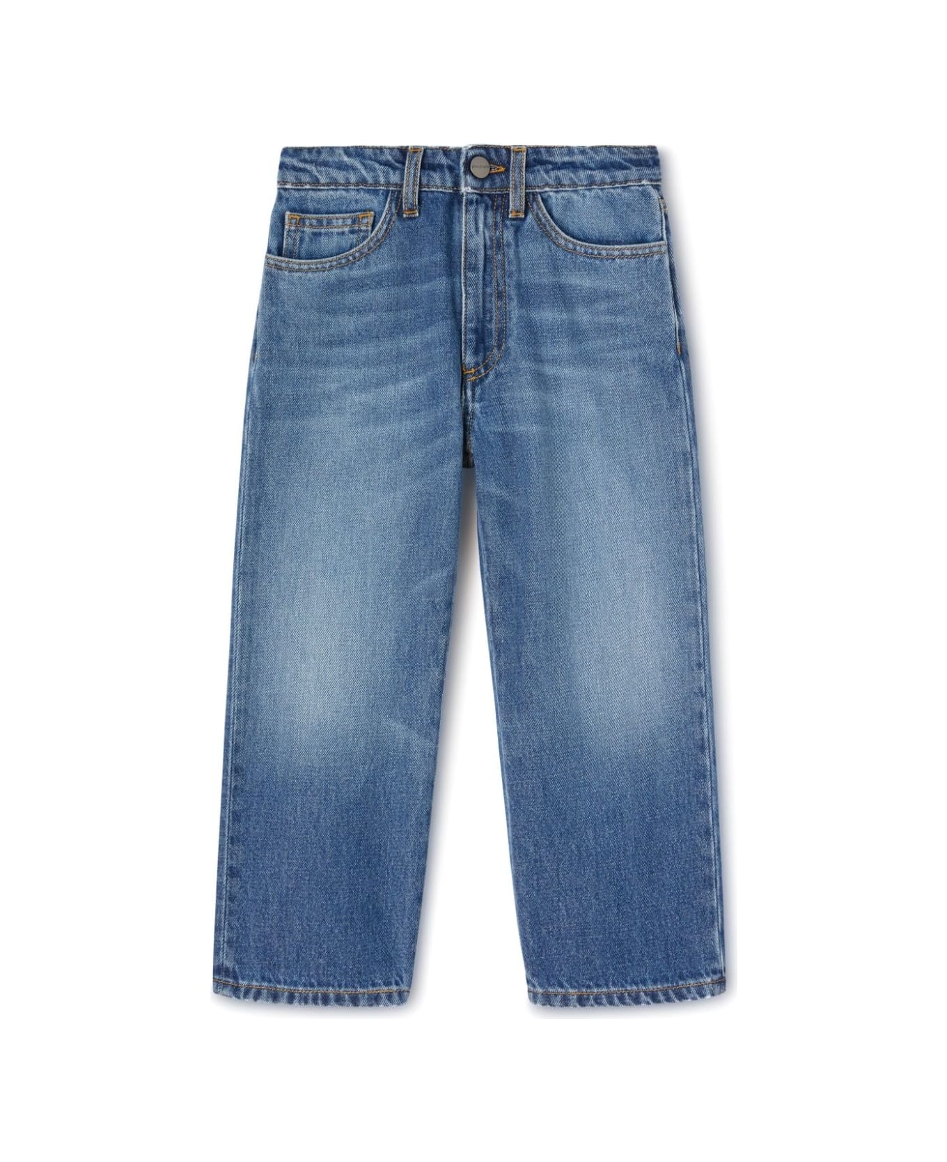 Palm Angels Blue Straight-leg Jeans With Curved Logo - Blue ボトムス
