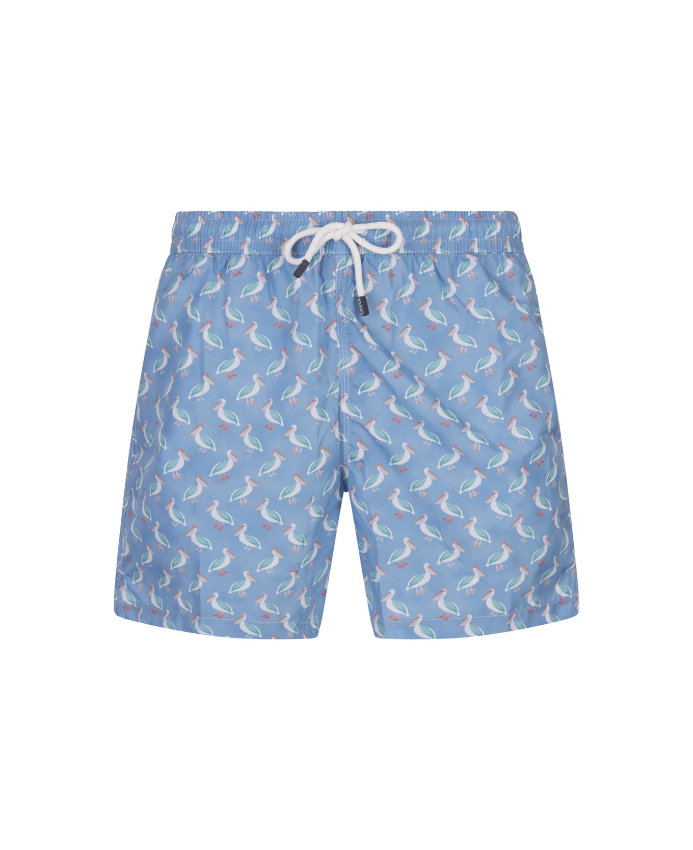 Fedeli Light Blue Swim Shorts With Pelican Pattern - Blue