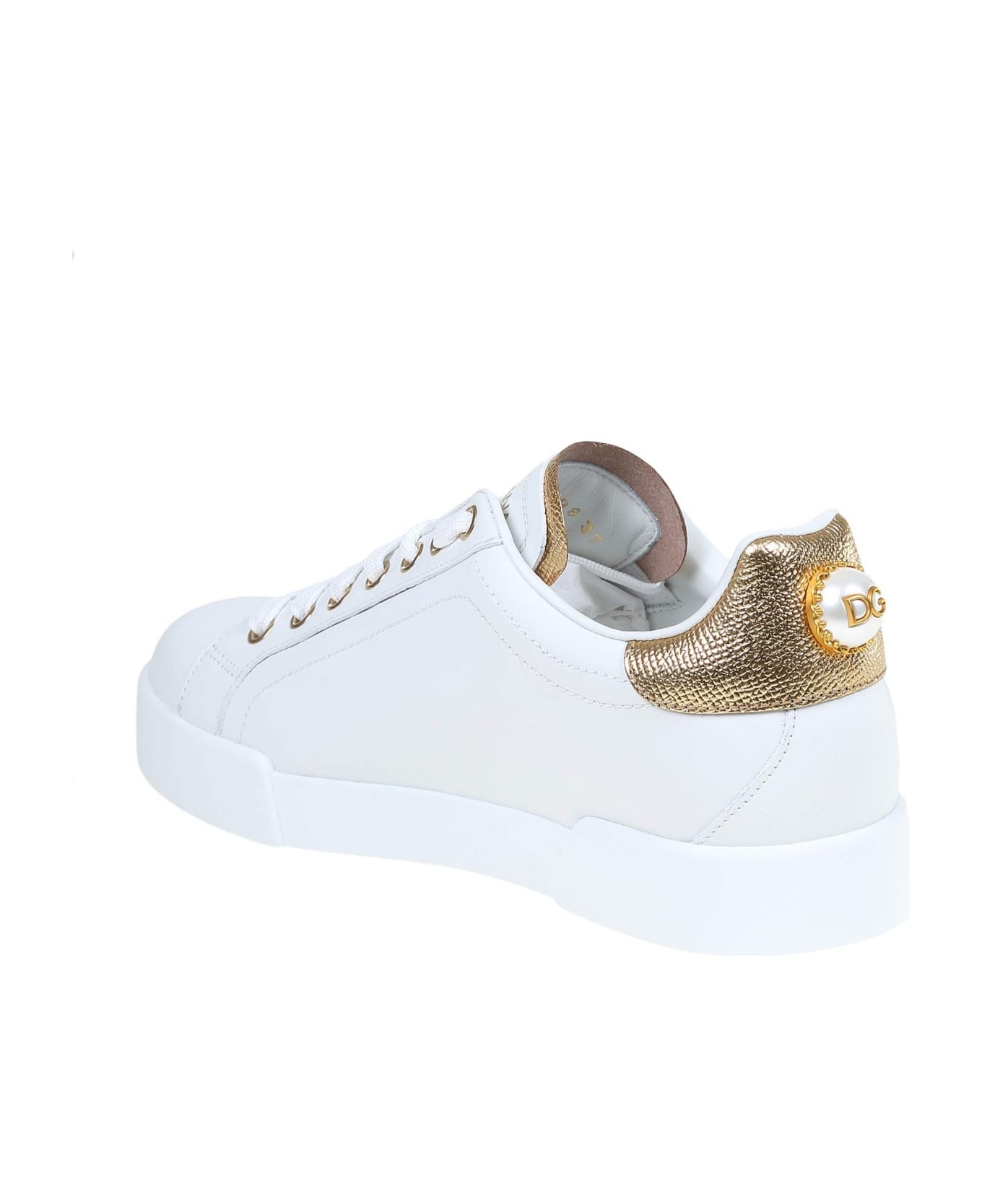 Dolce & Gabbana Portofino Sneakers In White Leather With Logo Pearl - White / Gold