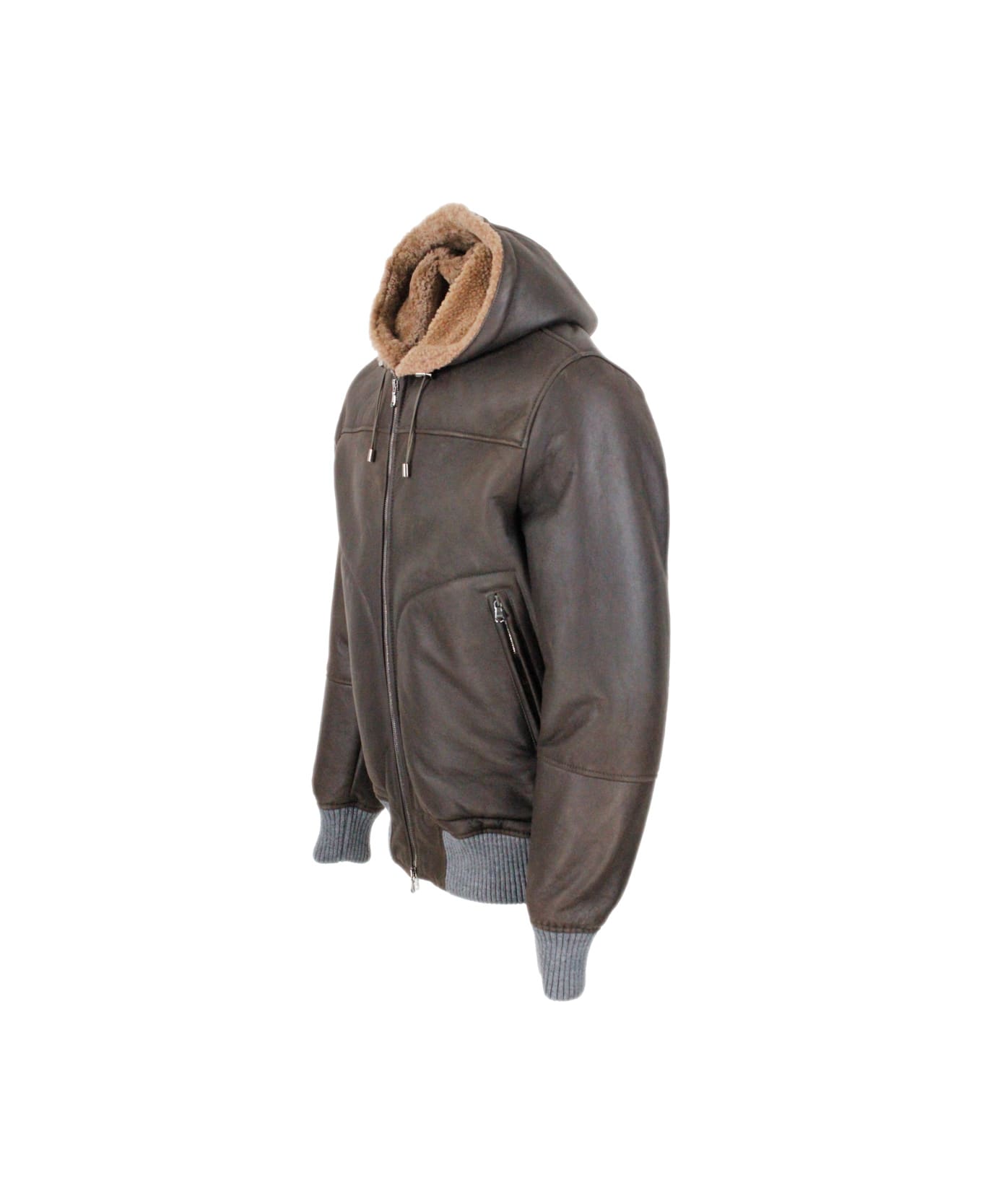 Barba Napoli Shearling Bomber Jacket With Hood With Drawstring And Trims In Stretch Knit And Zip Closure - Brown