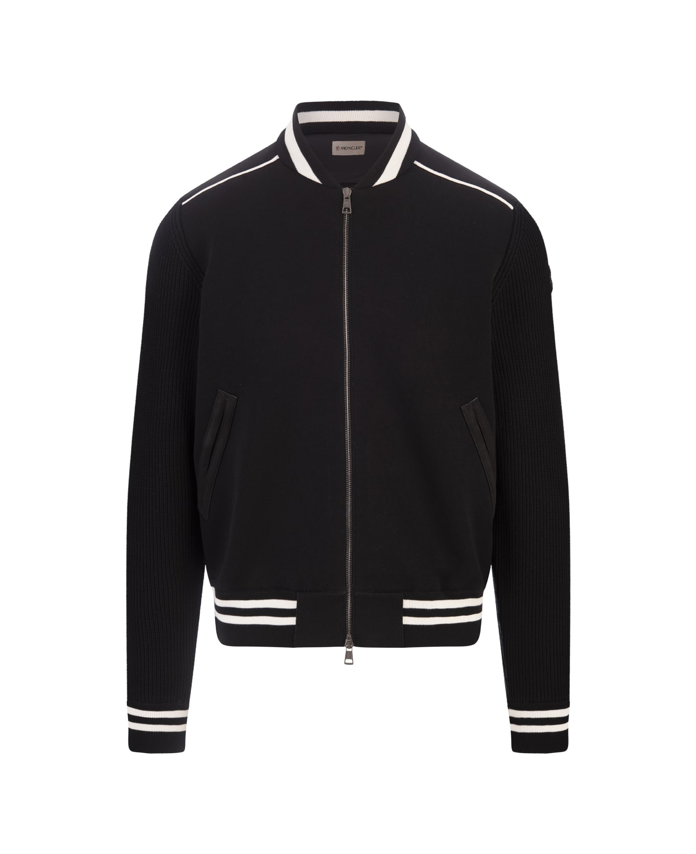 Moncler Black Bomber Style Cardigan With Striped Hem - Black