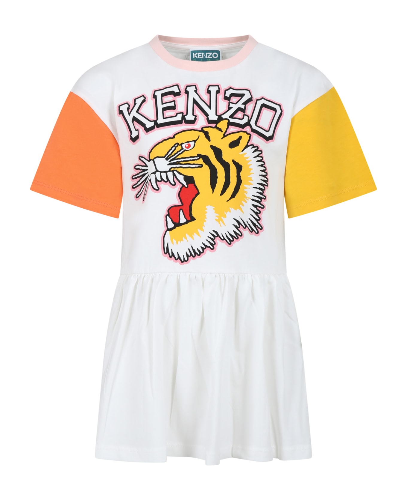 Kenzo Kids White Dress For Girl With Iconic Tiger And Logo - White ワンピース＆ドレス