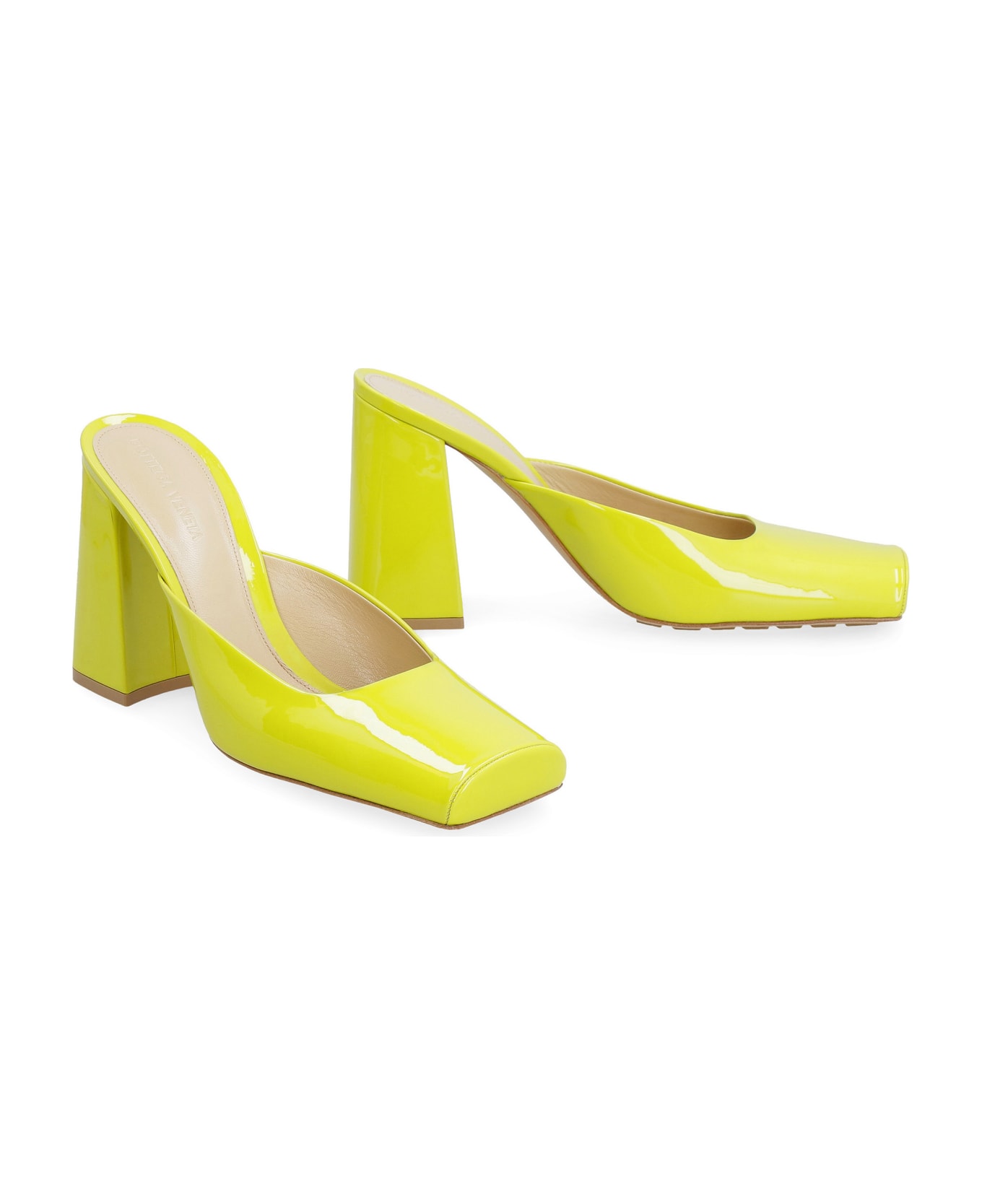 Yellow Womens Shoes Heels Mule shoes Bottega Veneta Tower Patent Leather Mules in Green 