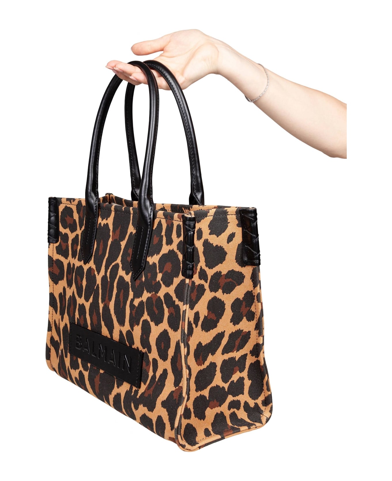 Balmain B-army 36 Canvas Tote Bag With Leopard Print - Brown