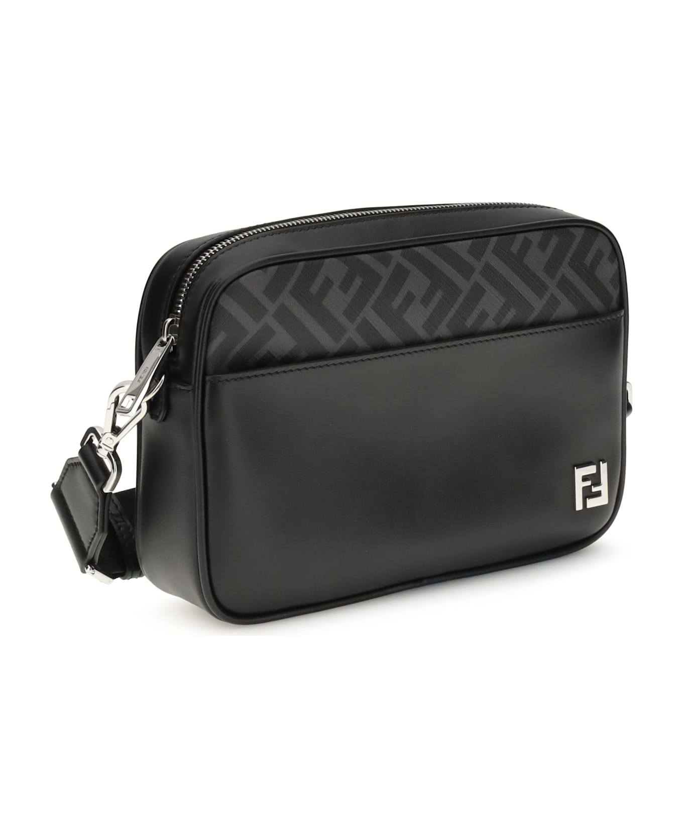 Fendi Ff Leather And Canvas Shoulder Bag - BLACK ショルダーバッグ