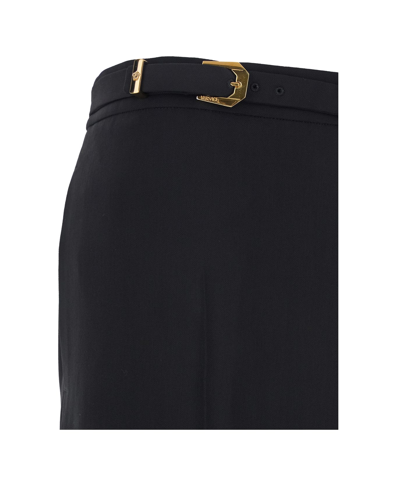 Versace Black Pants With Belt And Logo Patch On The Rear In Wool Blend Man - Black