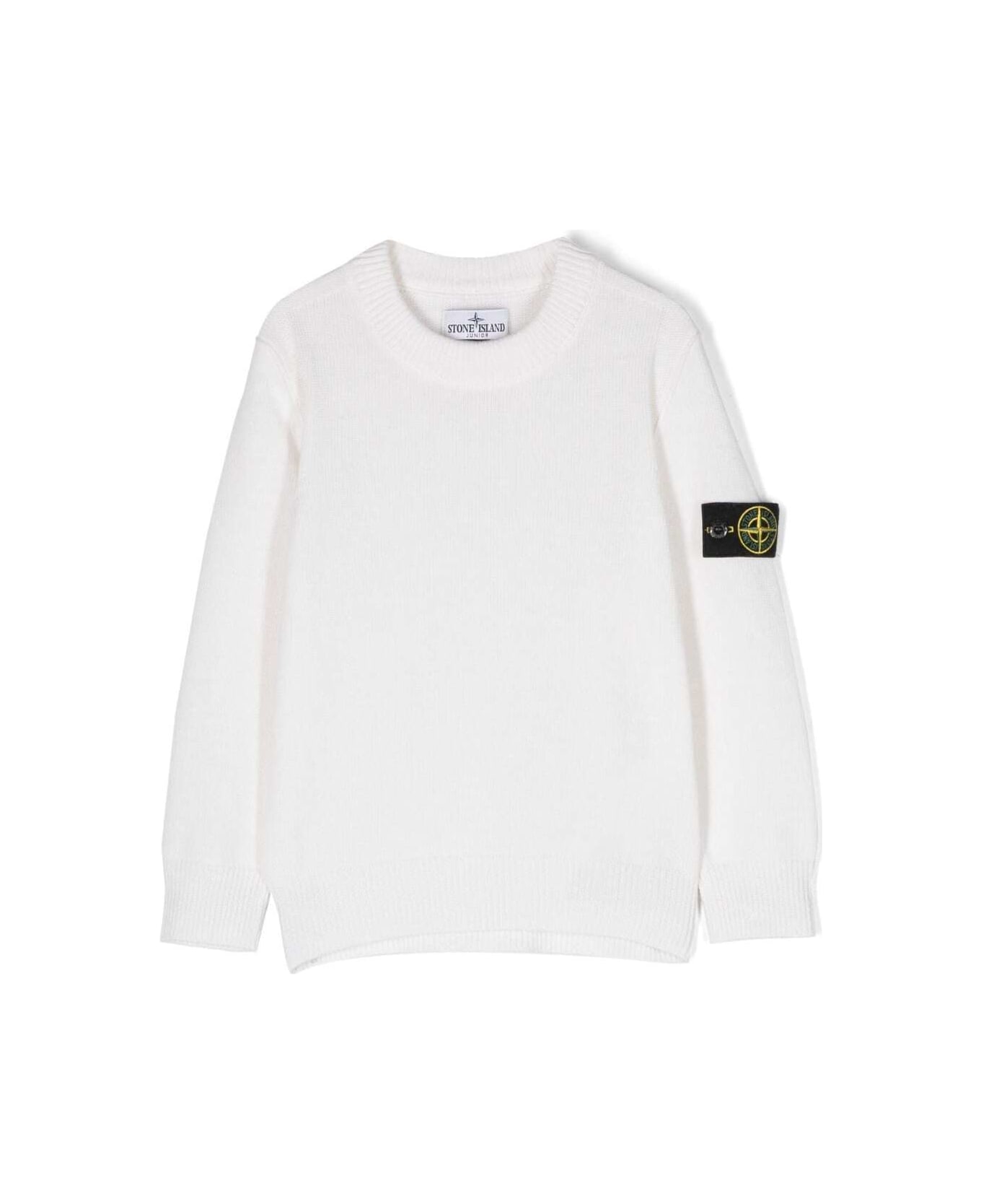 Stone Island Junior White Long-sleeved Crewneck T-shirt With Patch Logo In Viscose Blend Boy - White