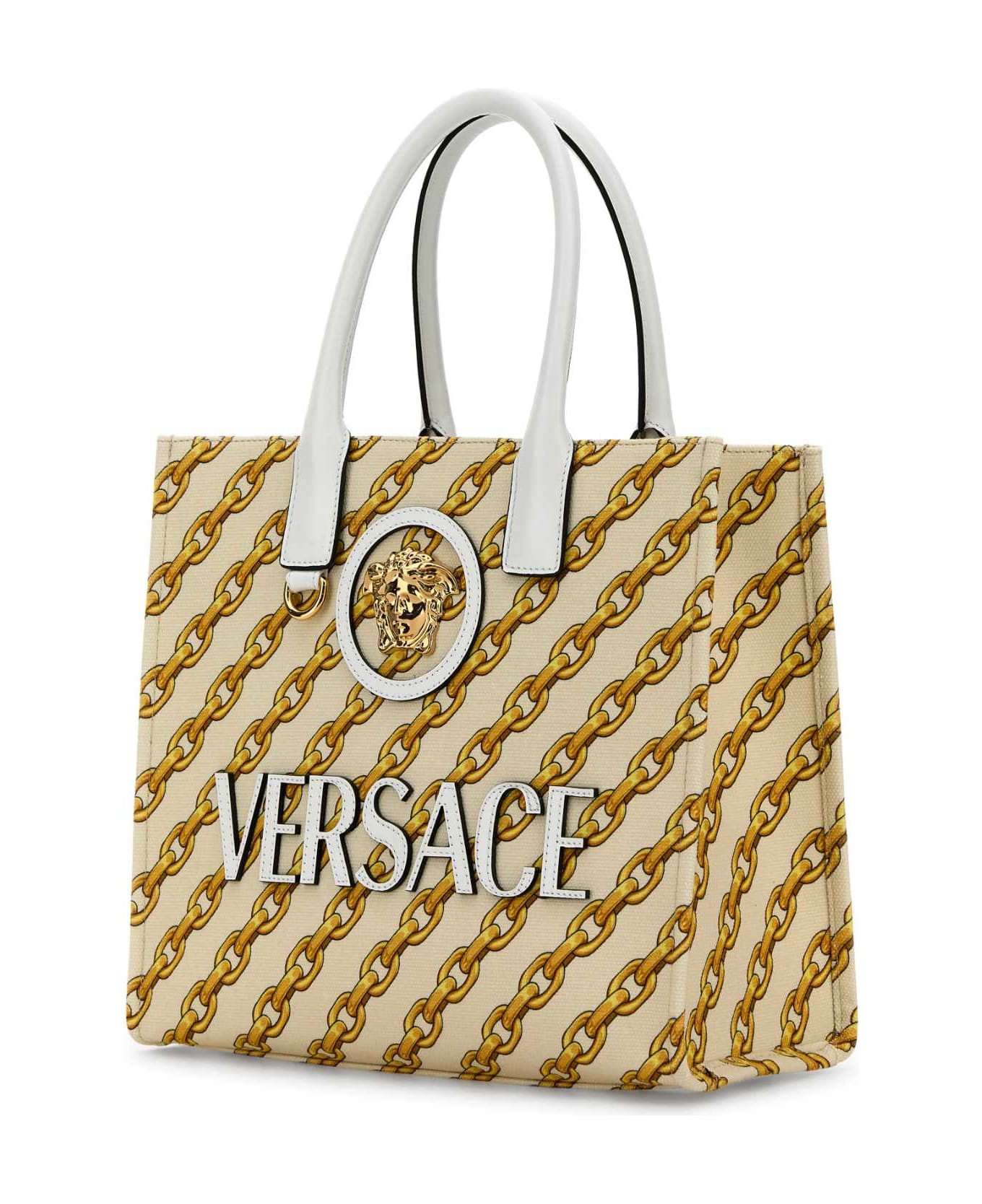 Versace Printed Canvas Small Chain Stripes La Medusa Shopping Bag - PORCELAINWHITEMULTICOLORVERSACEGOLD