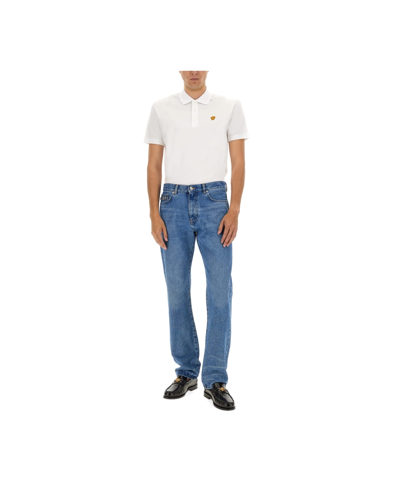 Versace Piquet Polo Shirt With Embroidery - WHITE
