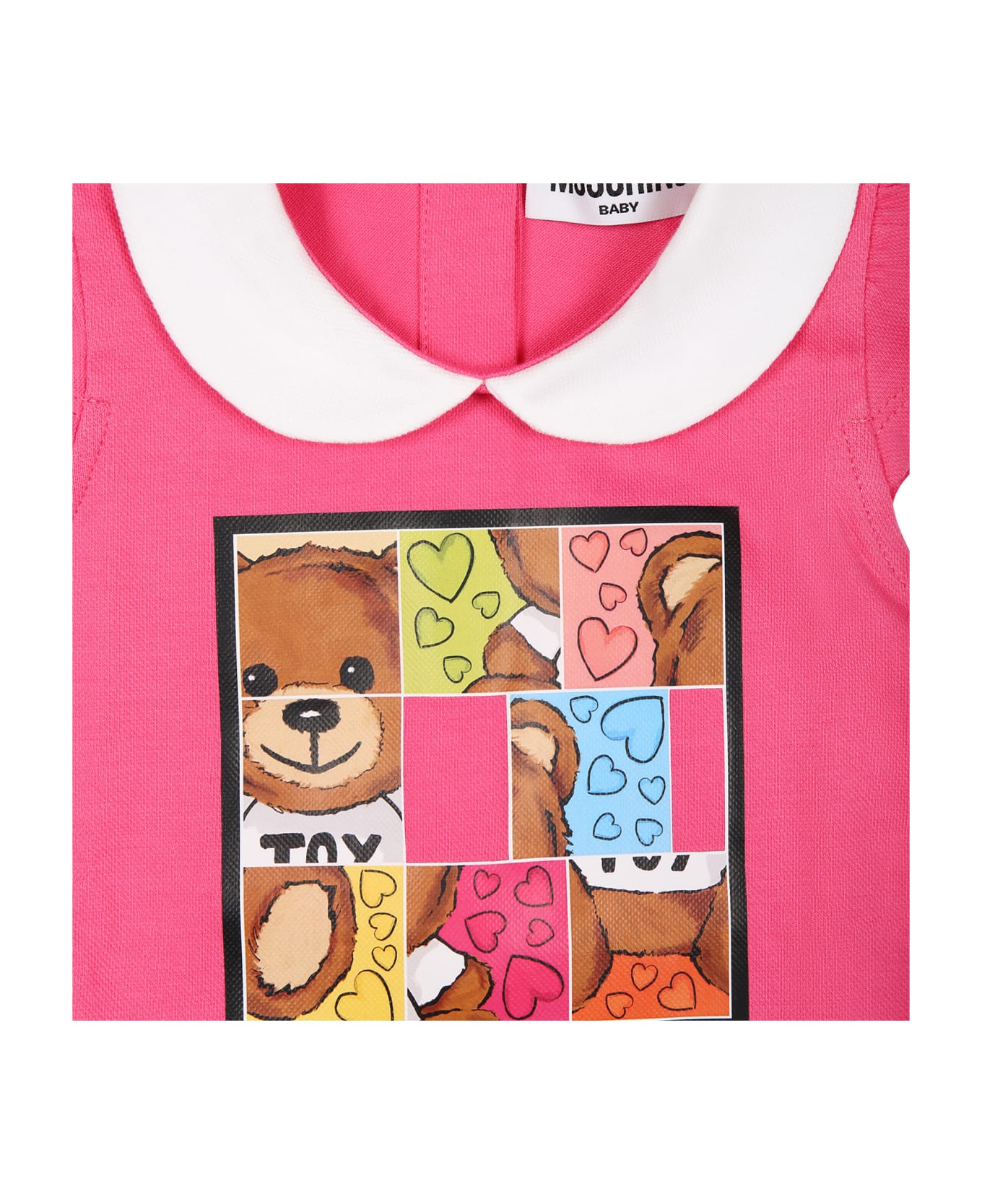 Moschino Fuchsia Dress For Baby Girl With Multicolor Teddy Bear - Fuchsia