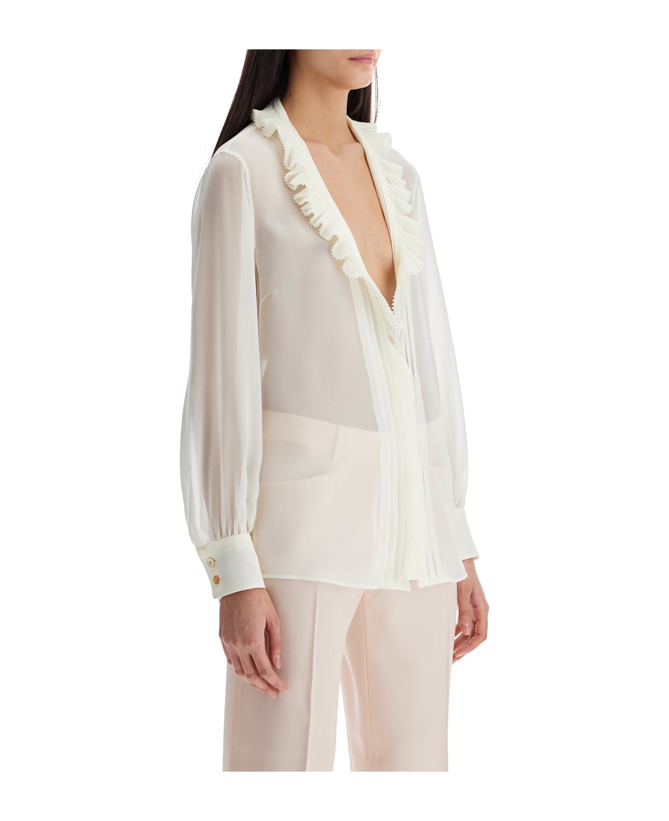 Tom Ford Cream Silk Shirt With Ruffled Collar And Mother-of-pearl Buttons - Cream