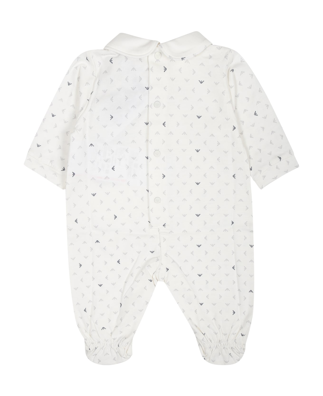 Emporio Armani Ivory Playsuit For Baby Boy With All-over Eagle Logo - Ivory