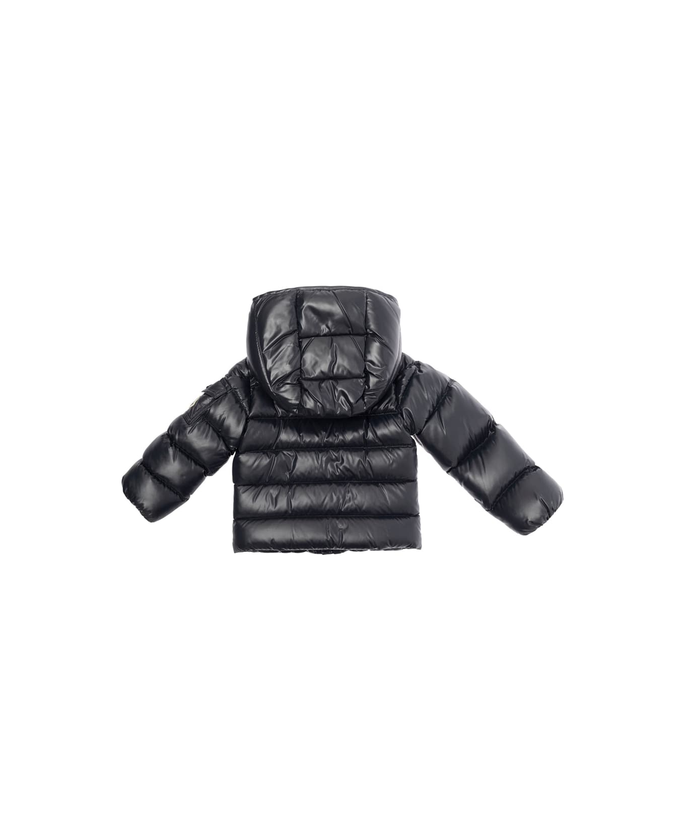 Moncler 'maya' Black Down Jacket With Hood And Logo Patch On The Sleeve In Tech Fabric Baby - Blu