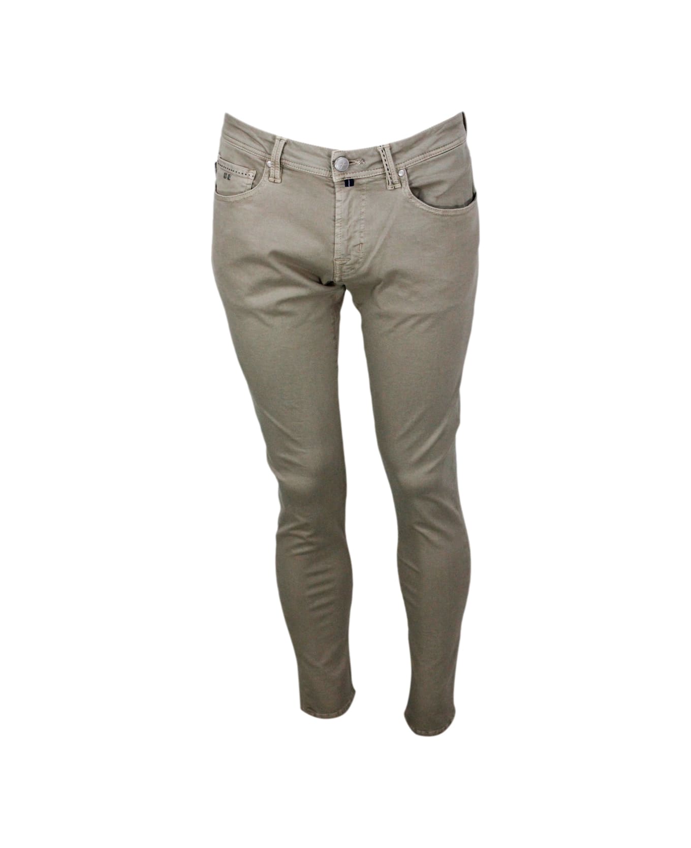 Sartoria Tramarossa Leonardo Slim Zip Trousers In Soft Cotton With 5 Pockets With Tailored Stitching And Suede Tab. Zip And Button Closure - Sand Beige