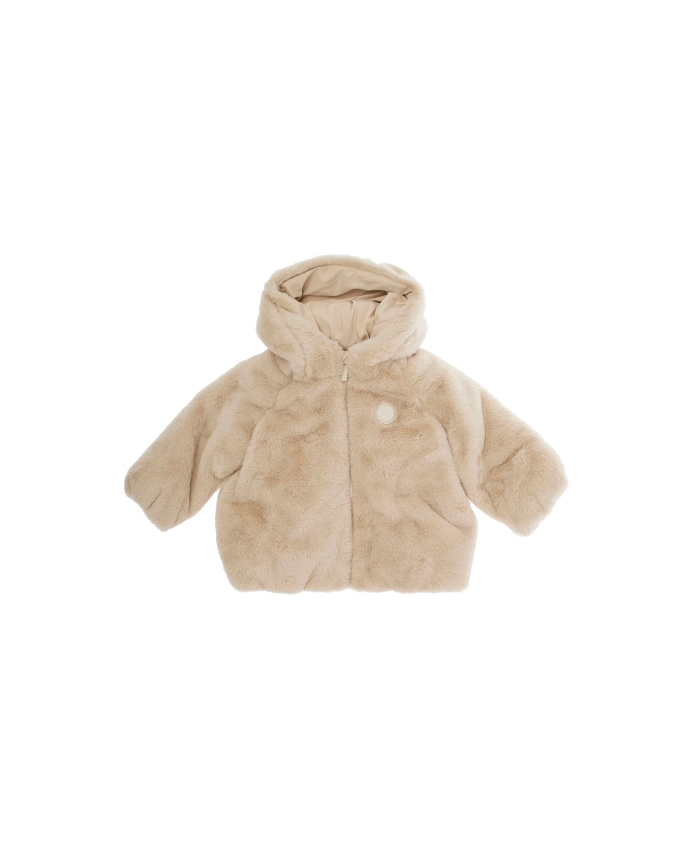 Emporio Armani Beige Hooded Jacket With Front Logo In Faux Fur Baby - Beige
