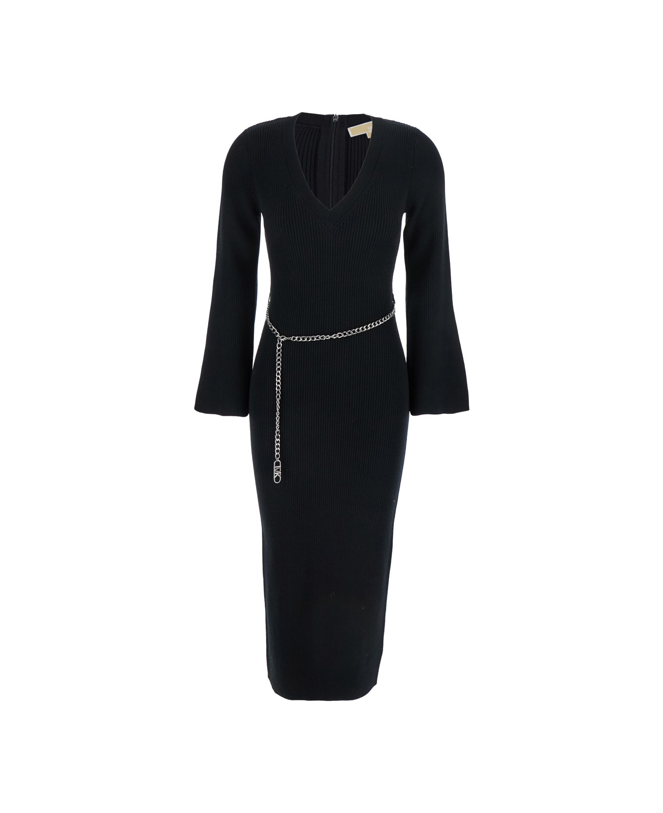 Michael Kors Black Dress With Chain Belt And Logo Plaque On The Rear In Wool Blend Stretch Woman - BLACK