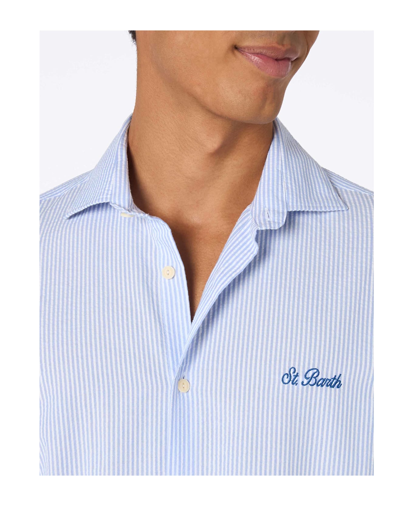 MC2 Saint Barth Man Seersucker Cotton Shirt Pamplona With Light Blue Stripes - SKY