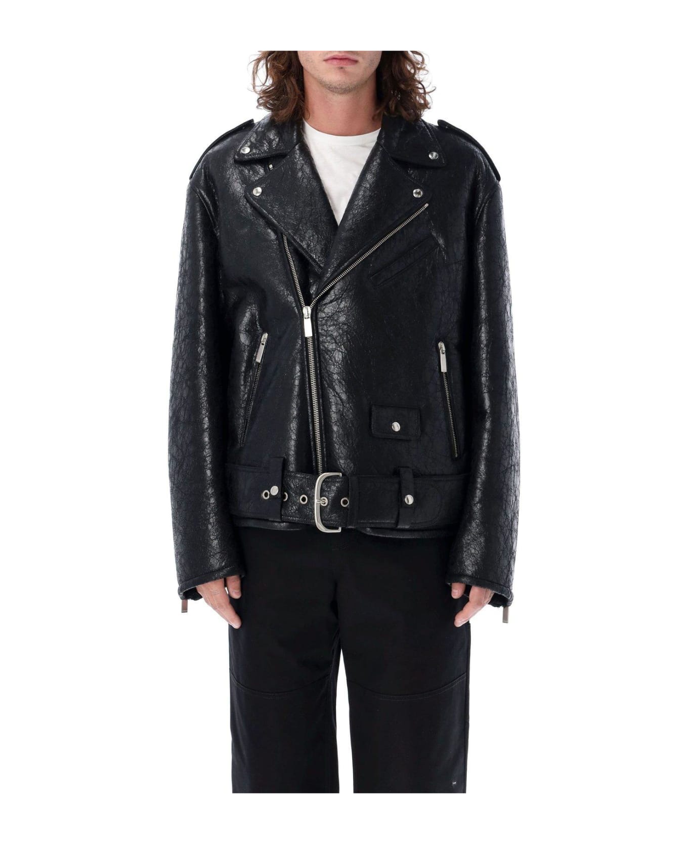 Off-White Shearling Leather Biker Jacket - BLACK