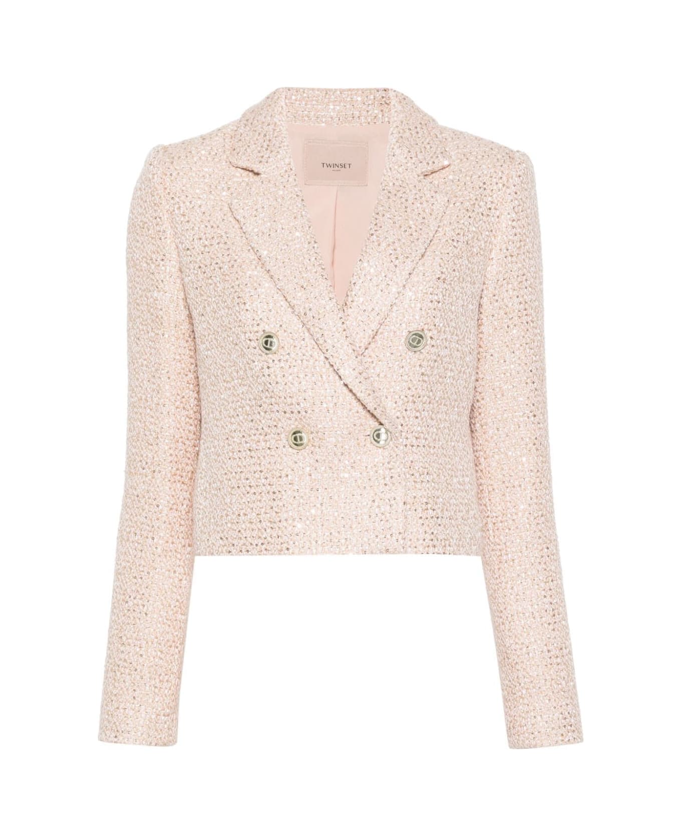 TwinSet Boucle Double Breasted Jacket - Boucle Cupcake Pink