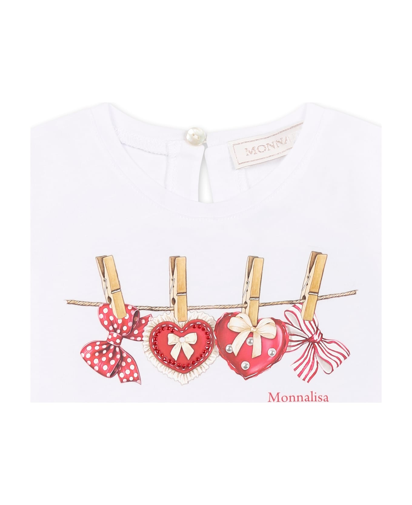 Monnalisa White T-shirt For Baby Girl With Hearts - White