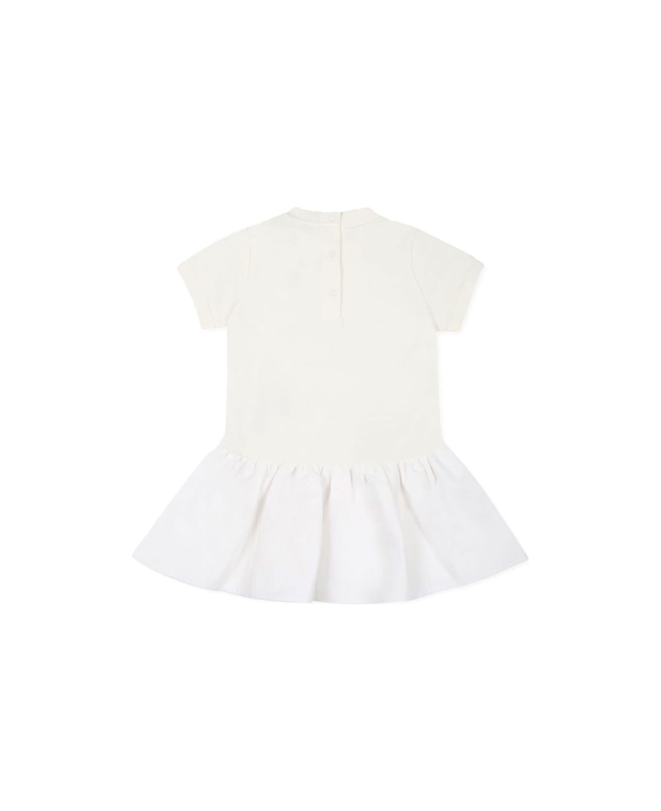 Moncler White Dress With Logo Patch On The Front And Flared Skirt In Cotton Baby - White