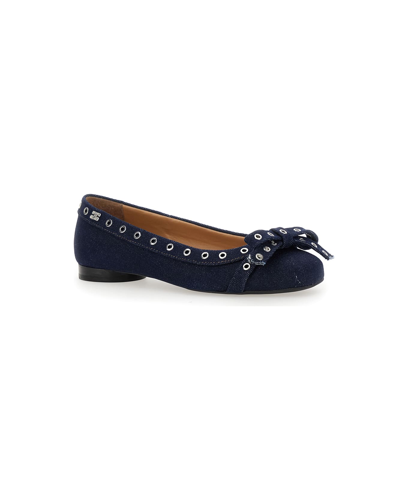 Ganni Blue Ballet Flats With Eyelet Details In Cotton Woman - Denim/Blue