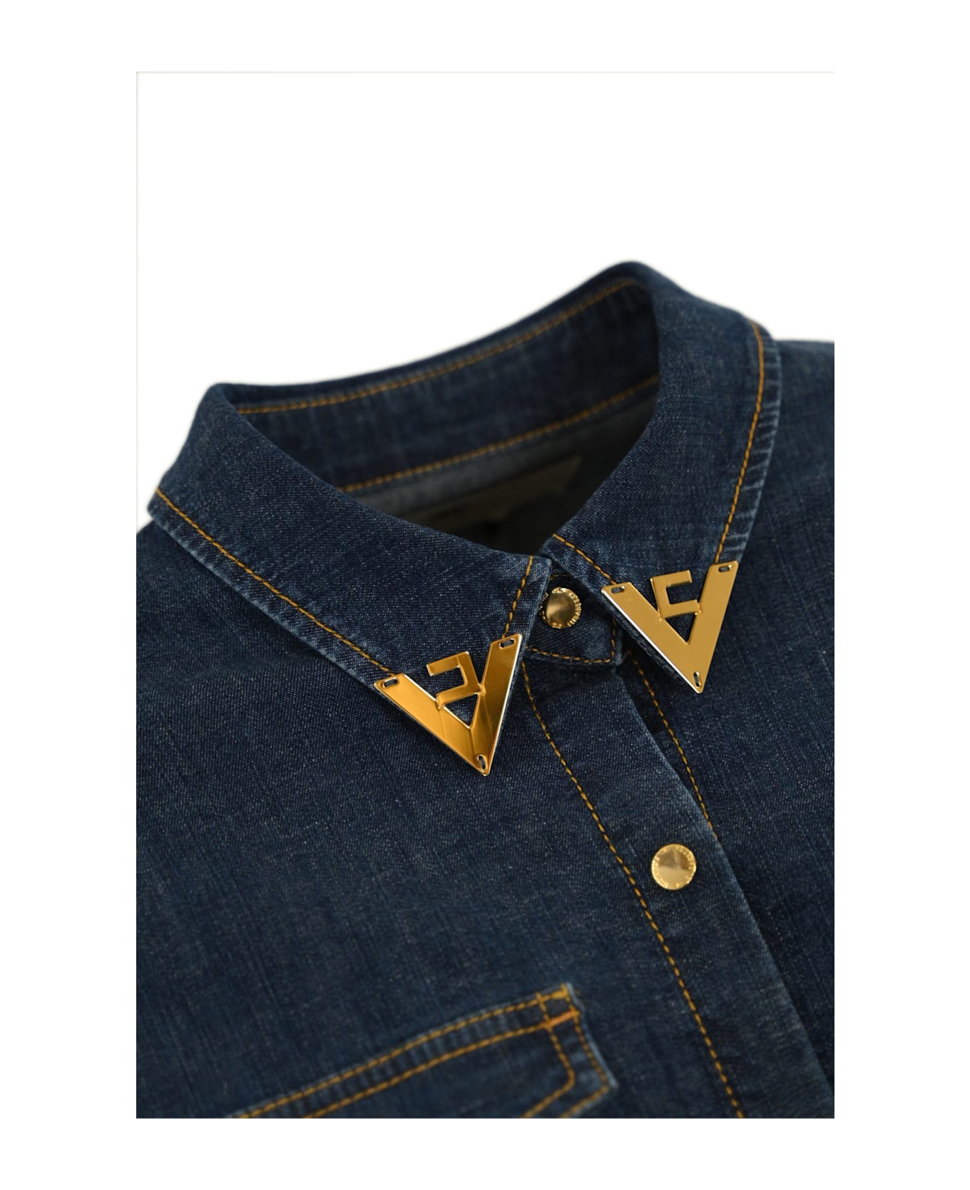 Elisabetta Franchi Cropped Denim Shirt With Metal Logo Details - Blue