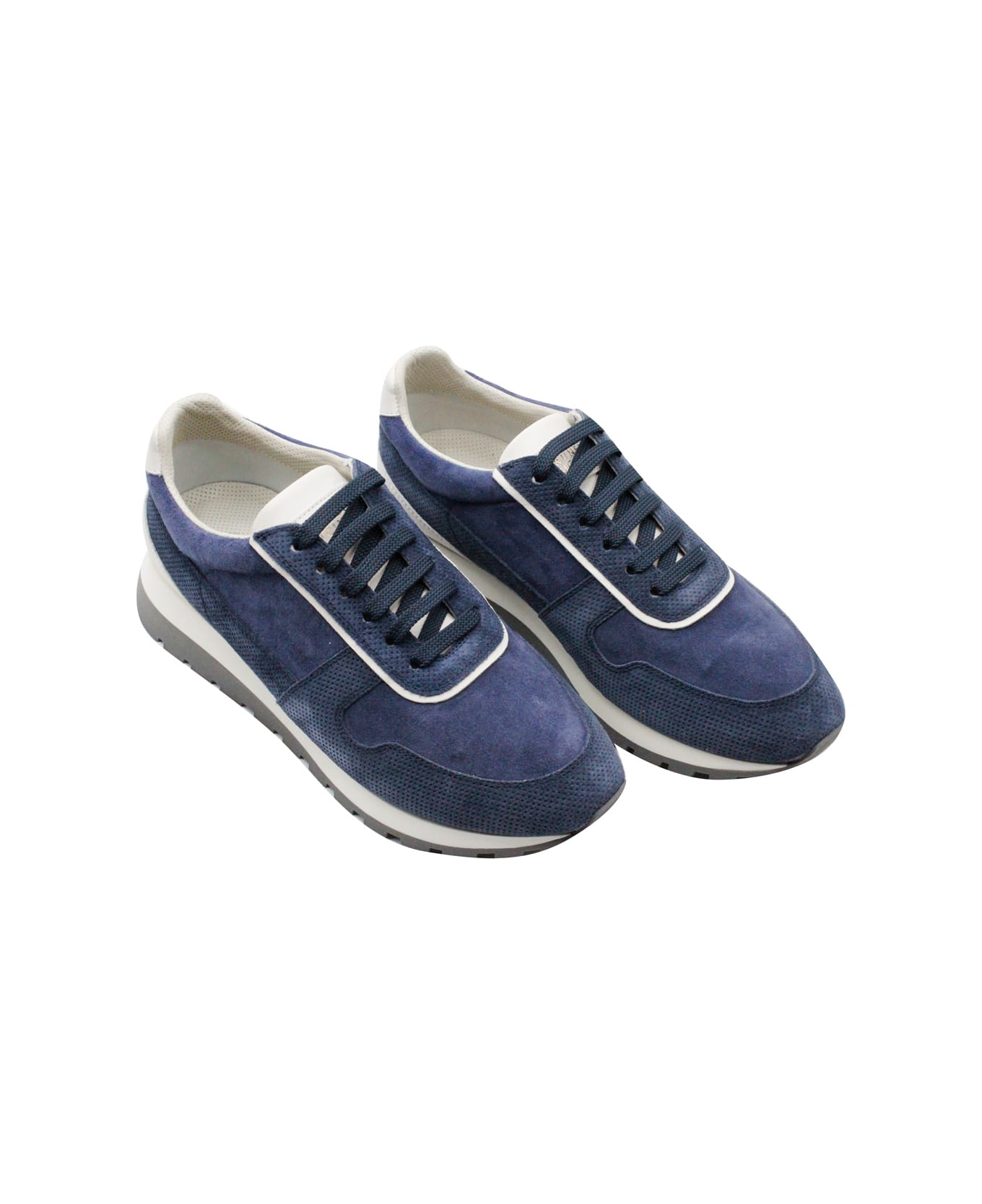 Brunello Cucinelli Runner Sneaker In Leather And Washed Punched Suede With Laces And Light Sole - Blu