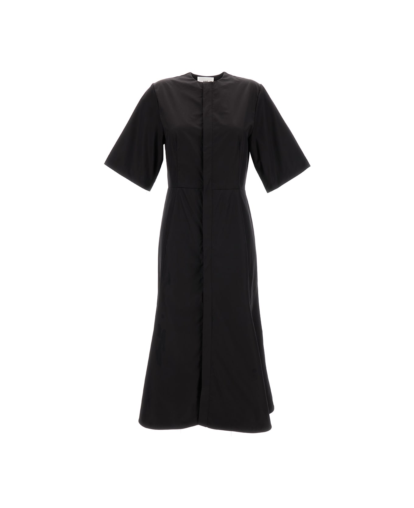 Ami Alexandre Mattiussi Midi Black Dress With Short Sleeves And Hidden Tab In Cotton Woman - Black