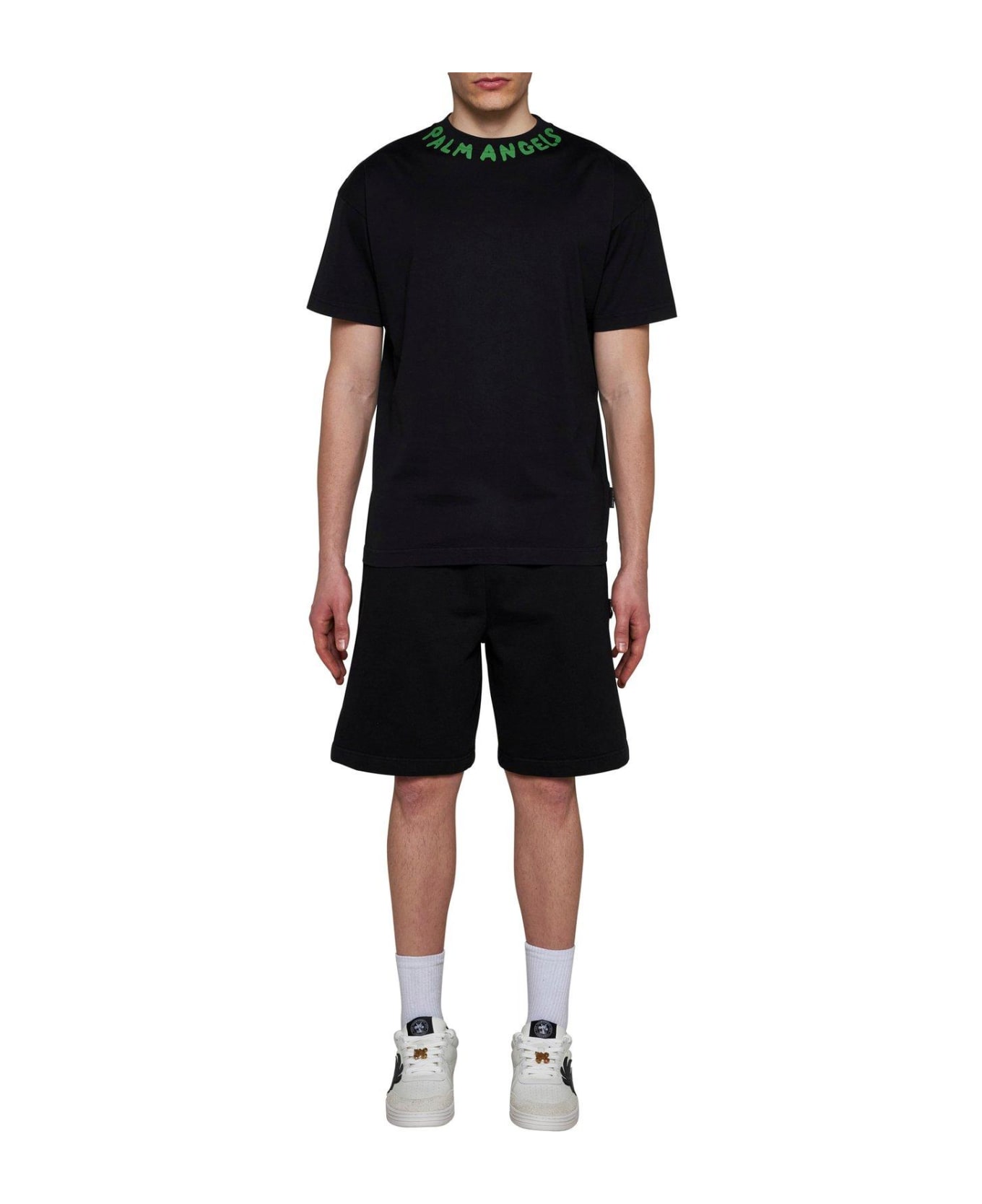Palm Angels Logo-printed Elasticated Waist Track Shorts - BLACK GREEN FLUO (Black)