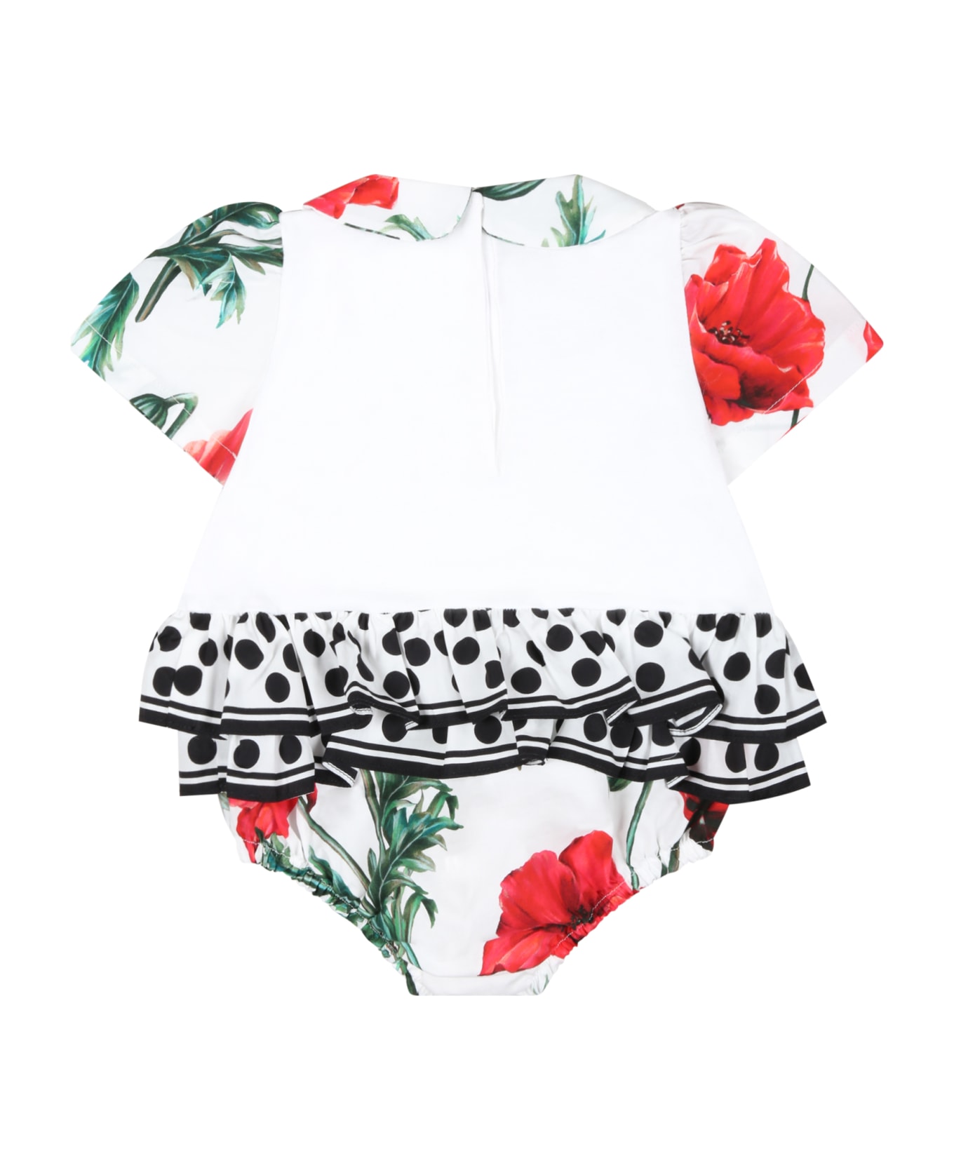 Dolce & Gabbana White Romper For Baby Girl With Black Polka Dots - White ボディスーツ＆セットアップ