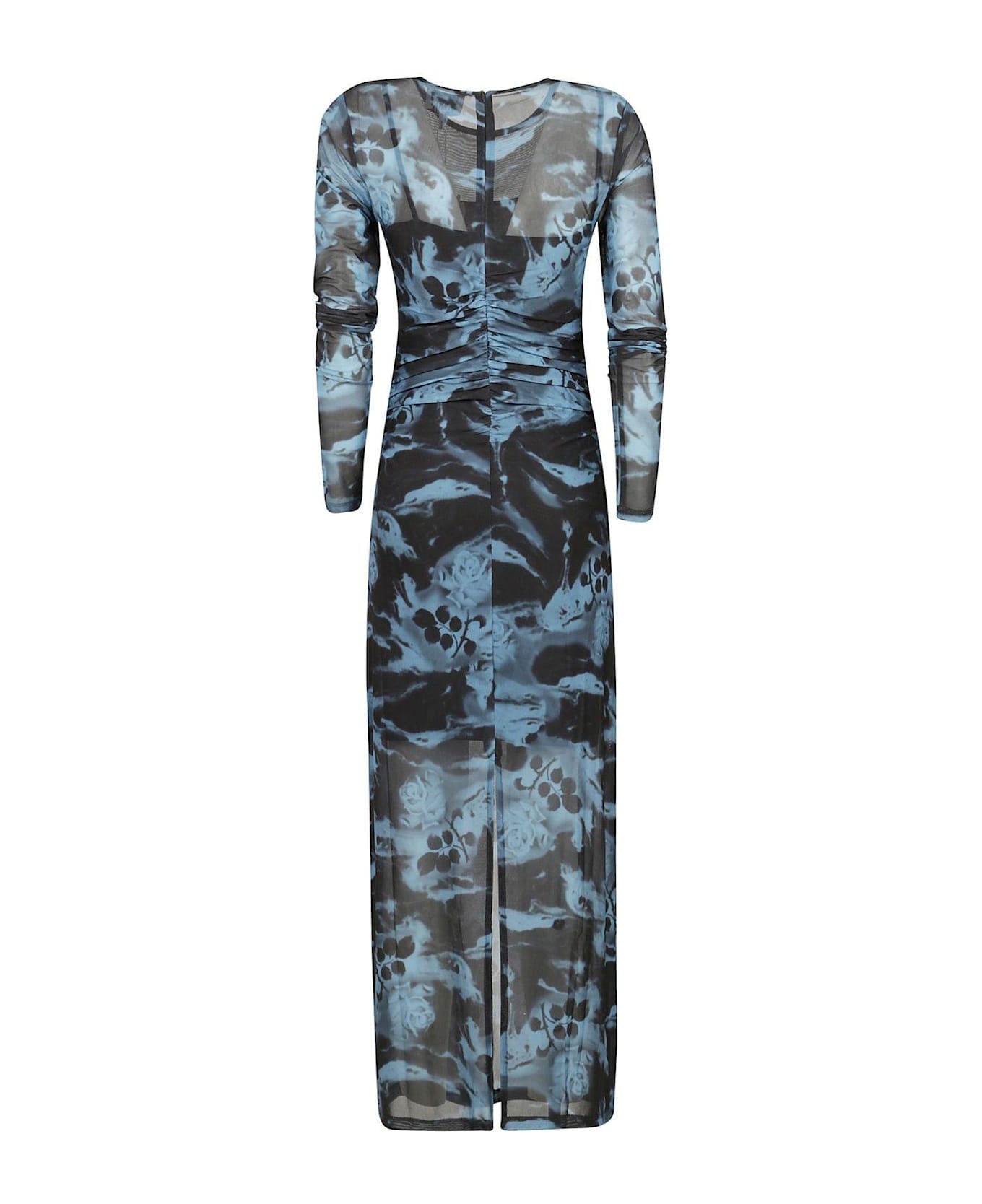 Ganni Printed Mesh O-neck Ruched Long Dress - Blue Shadow