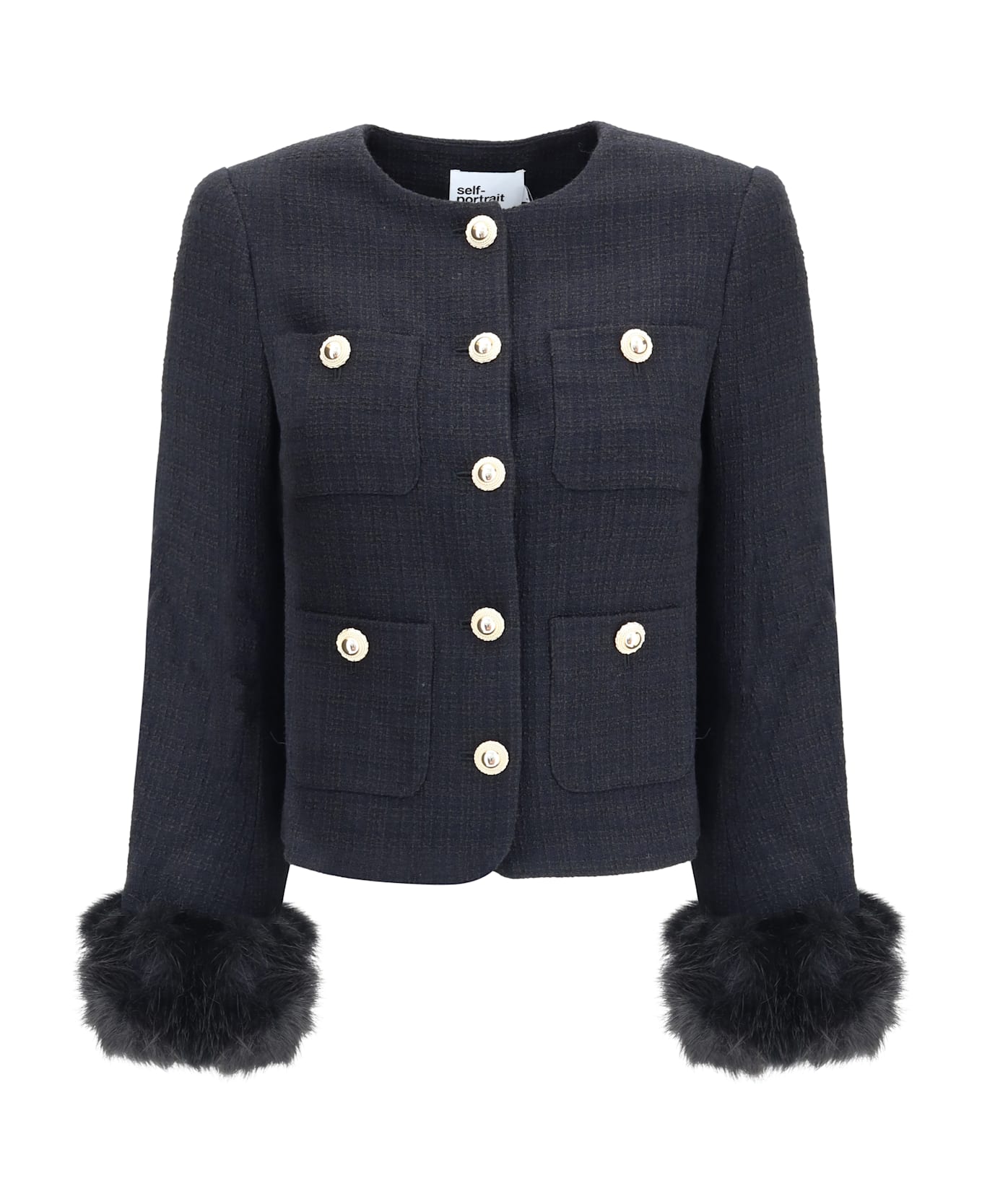 self-portrait Fur Cuffed Jacket - BLACK