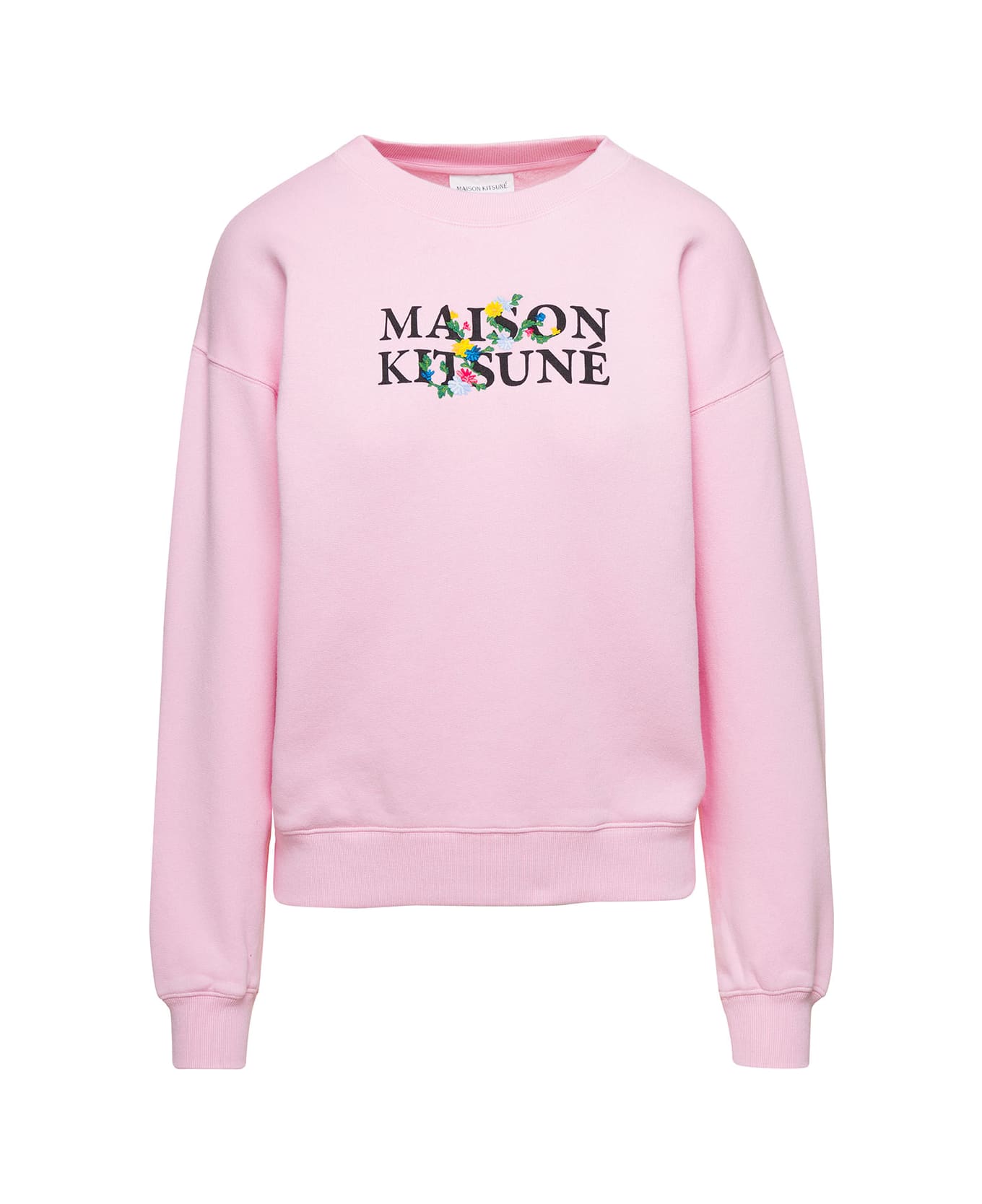 Maison Kitsuné Pink Crewneck Sweatshirt With Front Logo Print In Cotton Woman - Pink
