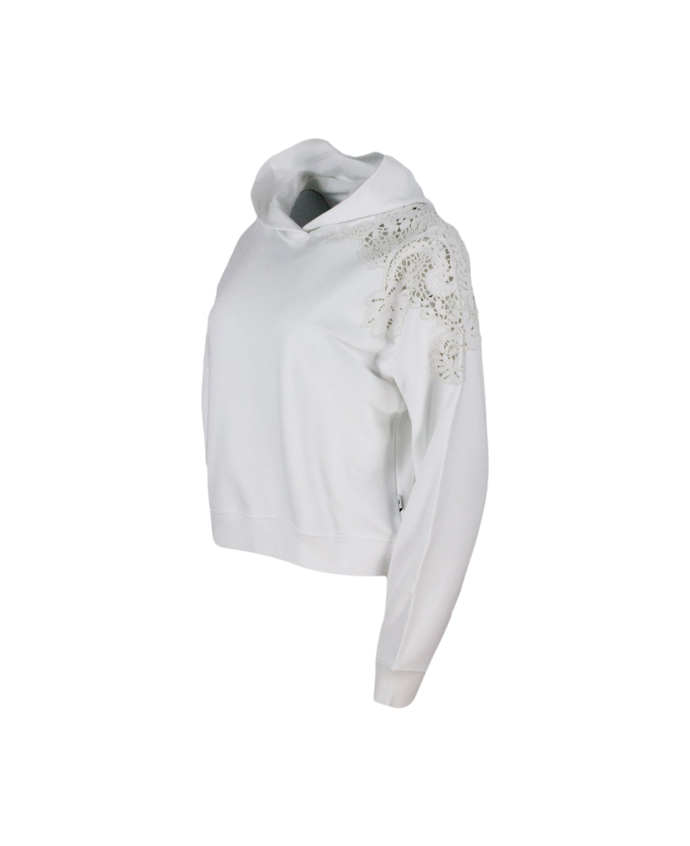 Ermanno Scervino Long-sleeved Crewneck Sweatshirt With Hood With Macrame 'inserts On The Shoulder - White