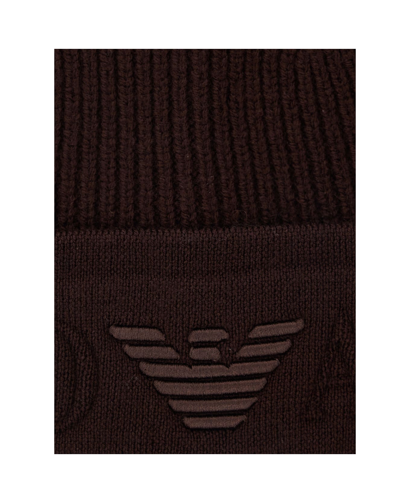 Emporio Armani Brown Beanie With Maxi Logo Embroidery On The Front In Wool Man - Brown