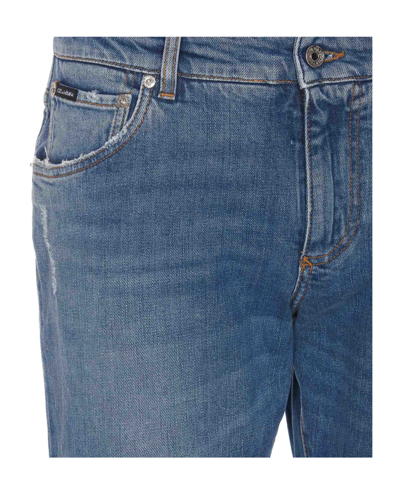 Dolce & Gabbana Five-pockets Slim Jeans With Logo Plaque In Stretch Cotton Denim - Blu