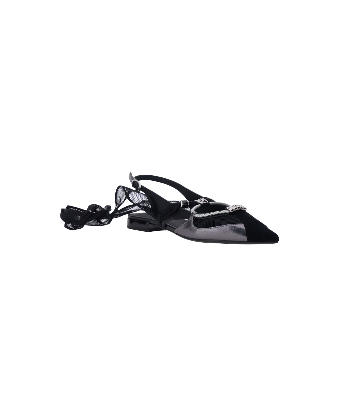 Pinko 'gianira' Black Ballerinas With Pointed Toe And Decorative Ankle Band In Leather And Fabric Blend Woman - Black