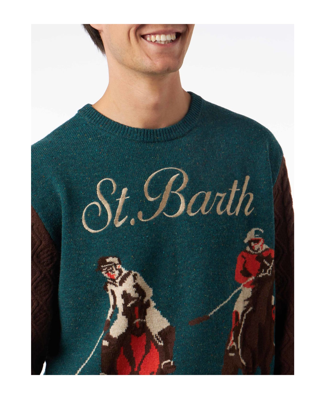 MC2 Saint Barth Man Crewneck Donegal Sweater With Polo Jacquard - GREEN
