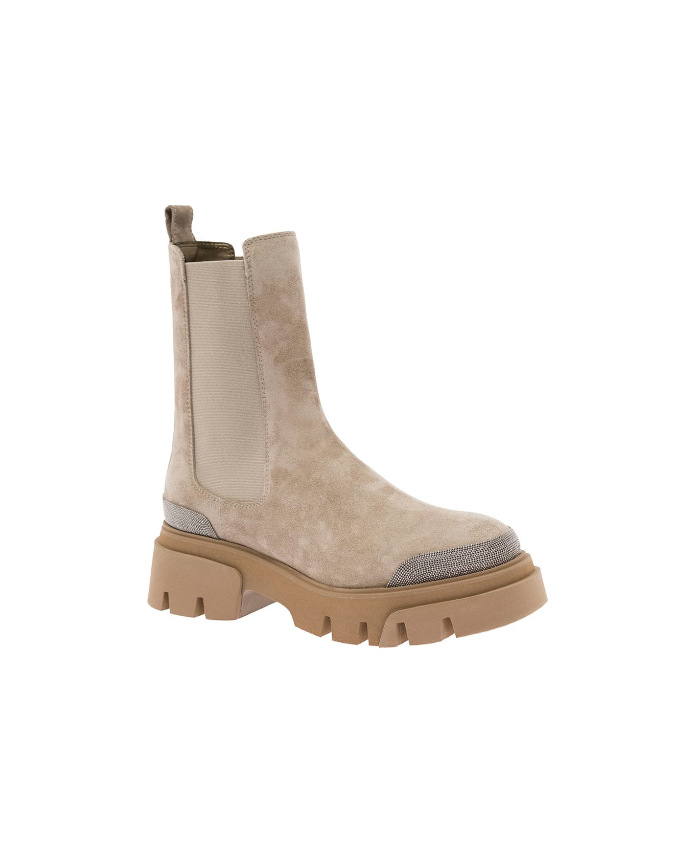 Brunello Cucinelli Taupe Ankle Boots In Suede With Monile Embellishment Brunello Cucinelli Woman - Beige