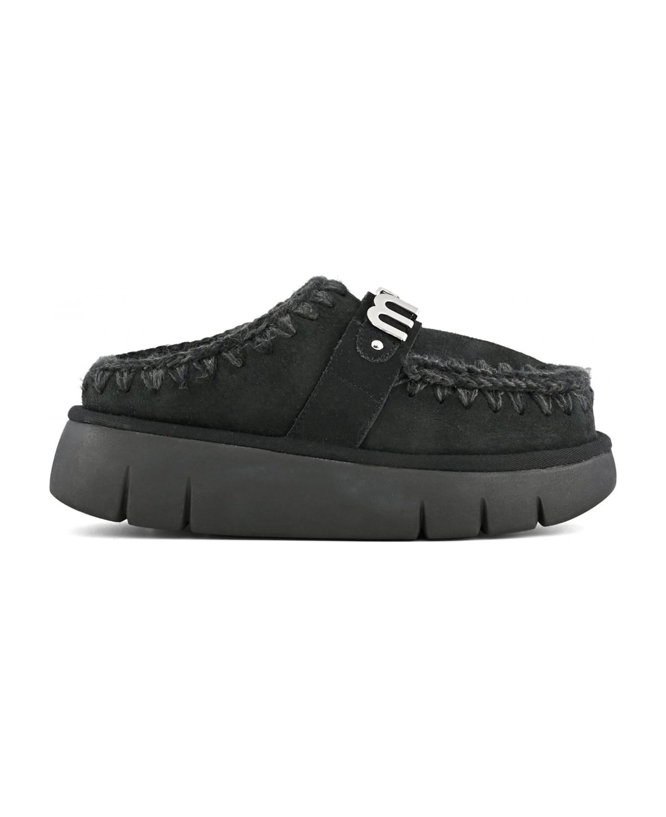 Mou Black Double-face Sheepskin Bounce Clog - Black
