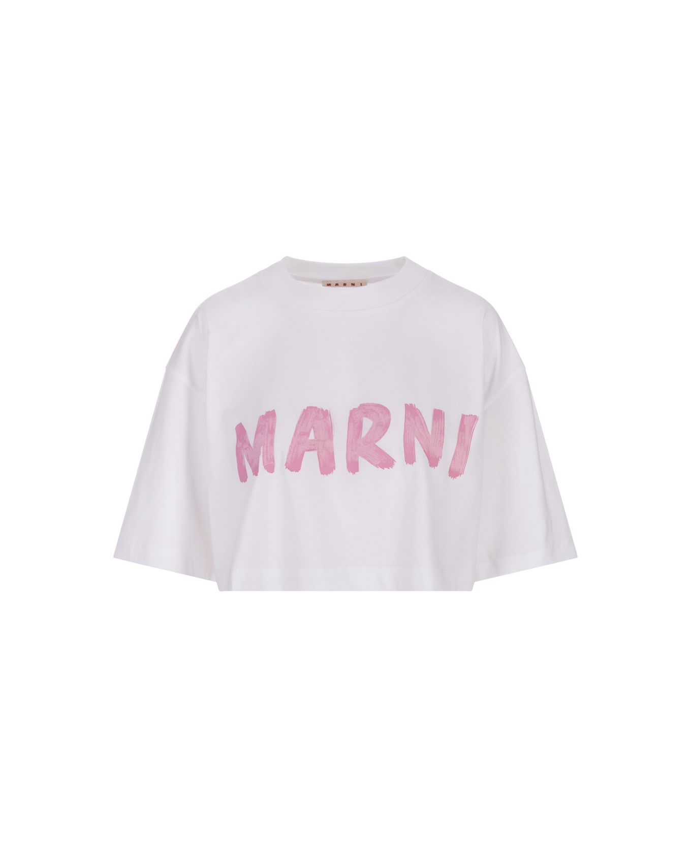 Marni White Crop T-shirt With Pink Brushed Logo - White Tシャツ