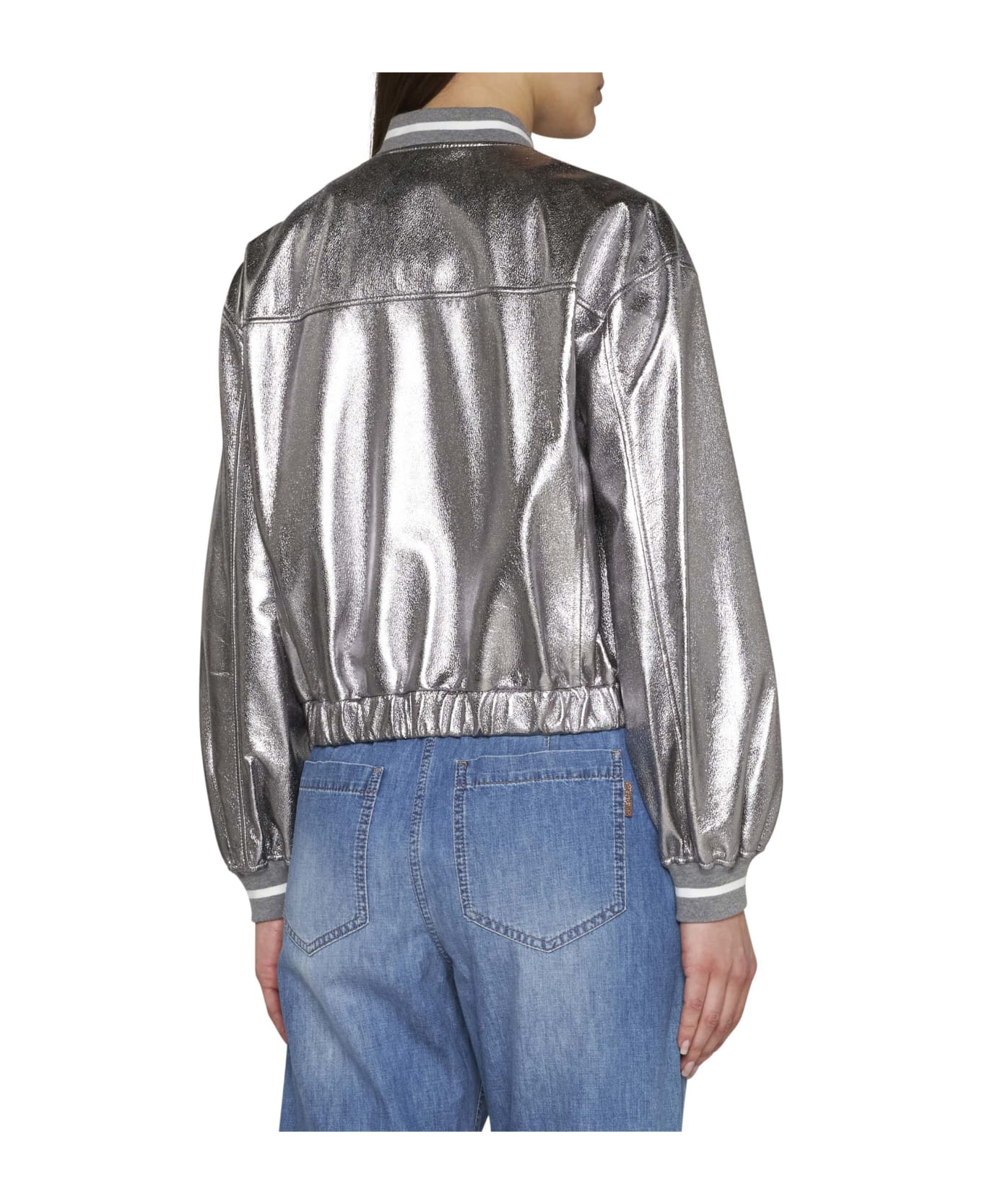 Brunello Cucinelli Laminated Leather Bomber Jacket - Silver